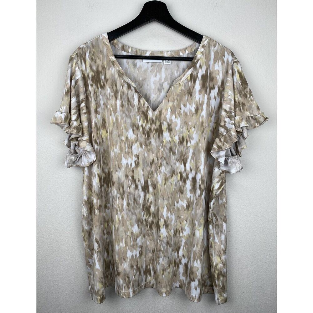 Susan Graver Top Blouse Womens Size 2X Tan Jersey Ruffle Short Sleeve Artsy